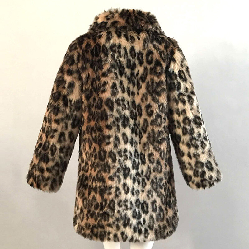 女性用ロングフェイクファーコート,ヒョウ柄のふわふわジャケット,防寒コート,人工皮革,2023