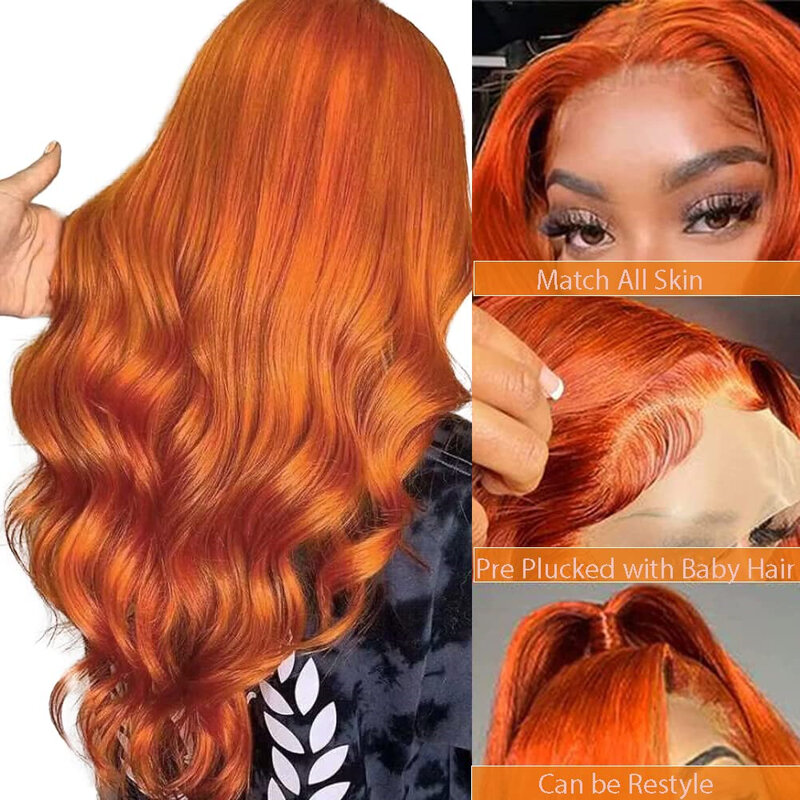 Ginger Orange HD Lace Front Perucas para Mulheres, Cabelo Humano, Onda Do Corpo Osso, Peruca De Renda Transparente, 13x6