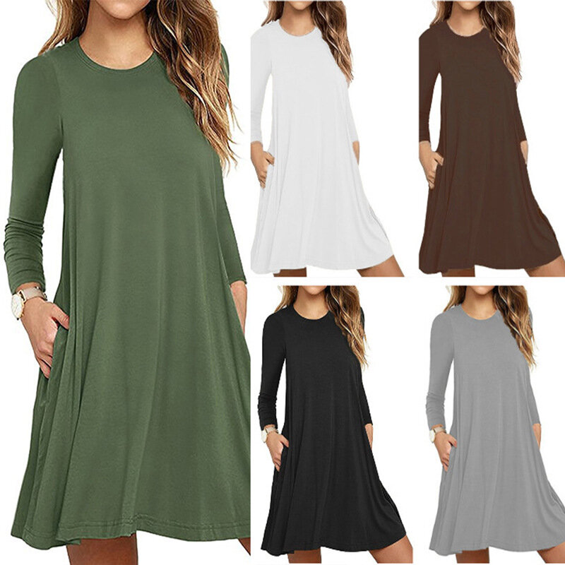 Womens Autumn Long Sleeve Round Neck Plain T-Shirt Dress Solid Color Pleated Swing Casual Loose Pullover Streetwear with Pockets