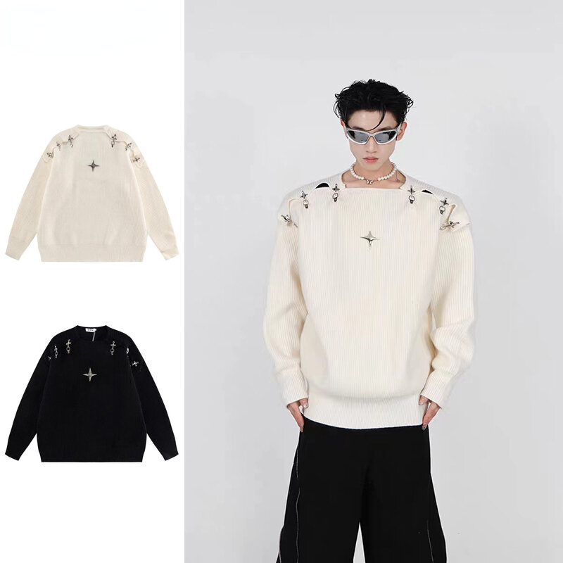 Suéteres de punto con hebilla de Metal para hombre y mujer, suéter gótico informal Harajuku Vintage, Tops sueltos Y2k, Otoño e Invierno