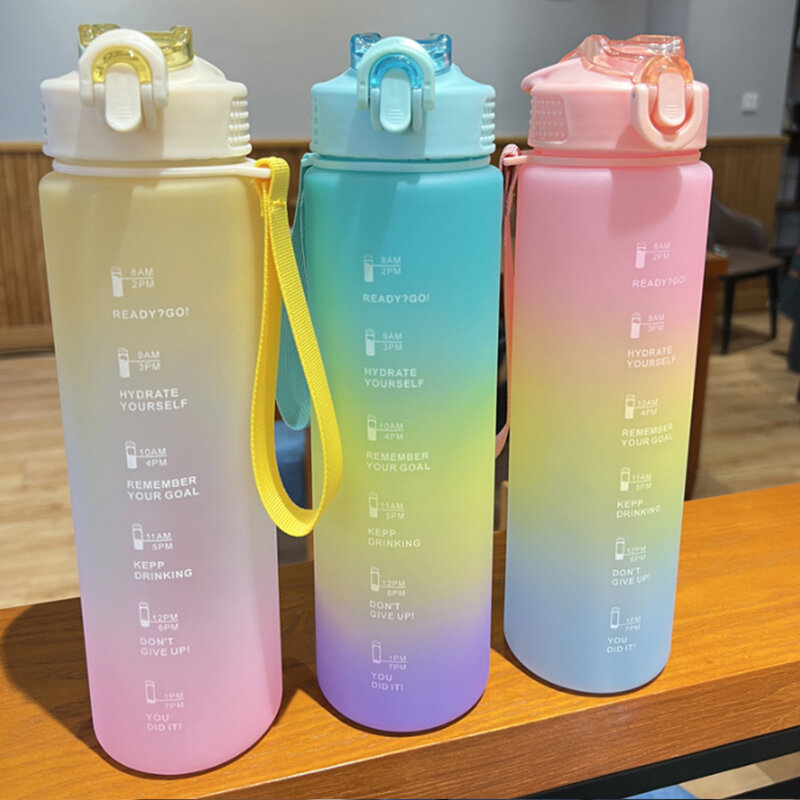 Botol Air 1 Liter dengan Skala Waktu Botol Air Olahraga Luar Ruangan Kebugaran dengan Sedotan Buram Cangkir Olahraga Motivasi Antibocor