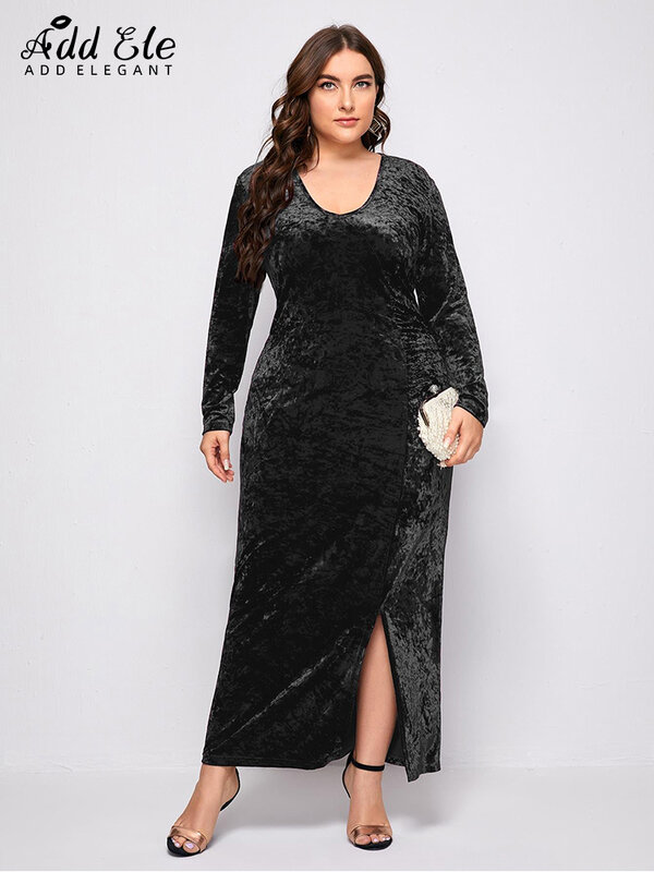 Add Elegant Plus Size Pencil Bodycon Velvet Dress for Women 2022 Autumn Front Side Slit U Neck Office Lady Party Dresses B046