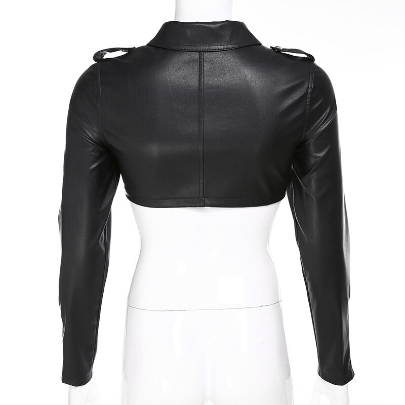 ZURICHOUSE Slim Cropped Leather Jacket Women Streetwear Long Sleeve Zipper Black PU Leather Motorcycle Jackets 2024 Tops Coat