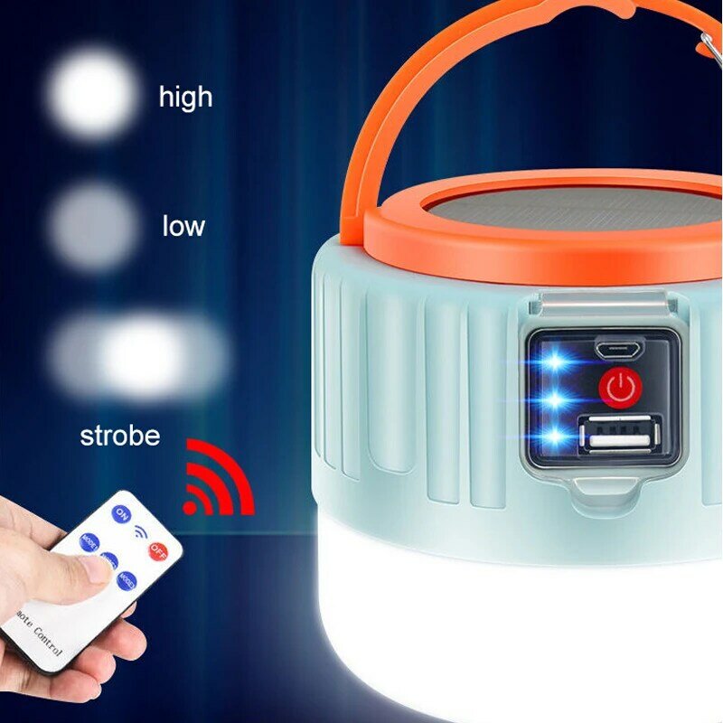 Lámpara LED portátil de 500 lúmenes para exteriores, luz Solar recargable por USB con Control remoto para acampar
