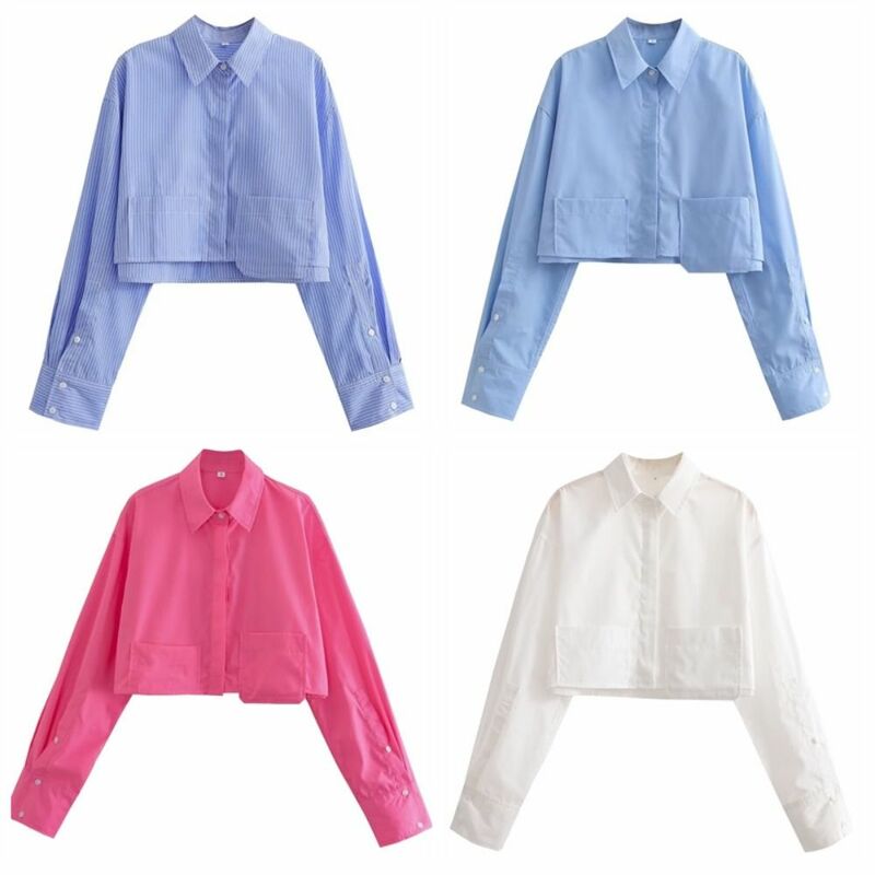 Leisure Striped Women's Cropped Shirt Long sleeve Short Top Vintage Button-up Blouses Solid Color Asymmetric Summer