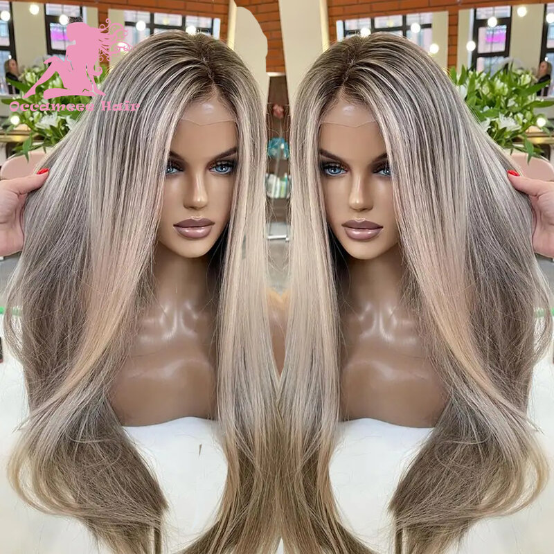 Human Hair Full Lace Highlight Wig 13x6 Lace Frontal Ash Blonde Wig With Dark Brown Root Straight Brazilin Virgin Hd Transparent