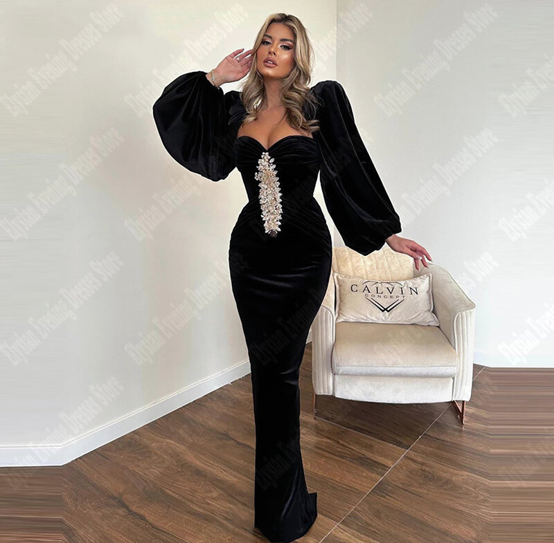 Simple Black Evening Dresses 2024 Newest Mermaid  Bubble Long Sleeves Party Prom Gown Formal Sweetheart Collar Vestidos De Noche
