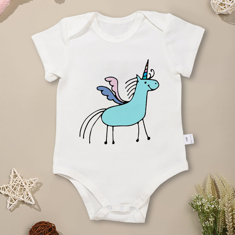 Onesies de algodón de alta calidad para bebé, ropa con patrón de unicornio Simple para recién nacido, mono con cuello redondo, cómodo, suave y transpirable