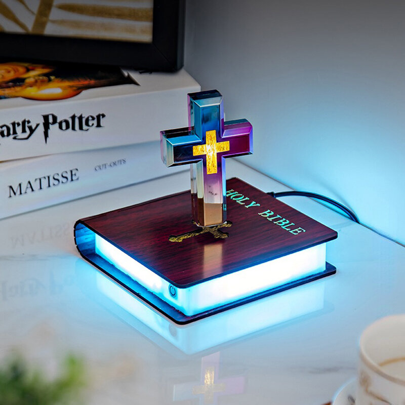 Cruz levitante magnética, decoraciones de cruz cristiana flotante, Maglev, UFO, adornos de escritorio, luz LED de noche de Cruz Católica