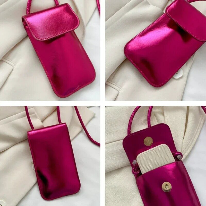 Bolso cruzado pequeño de cuero Pu plateado para mujer, bolso de diseñador para teléfono celular, bolso de hombro ligero de moda, monedero para mujer