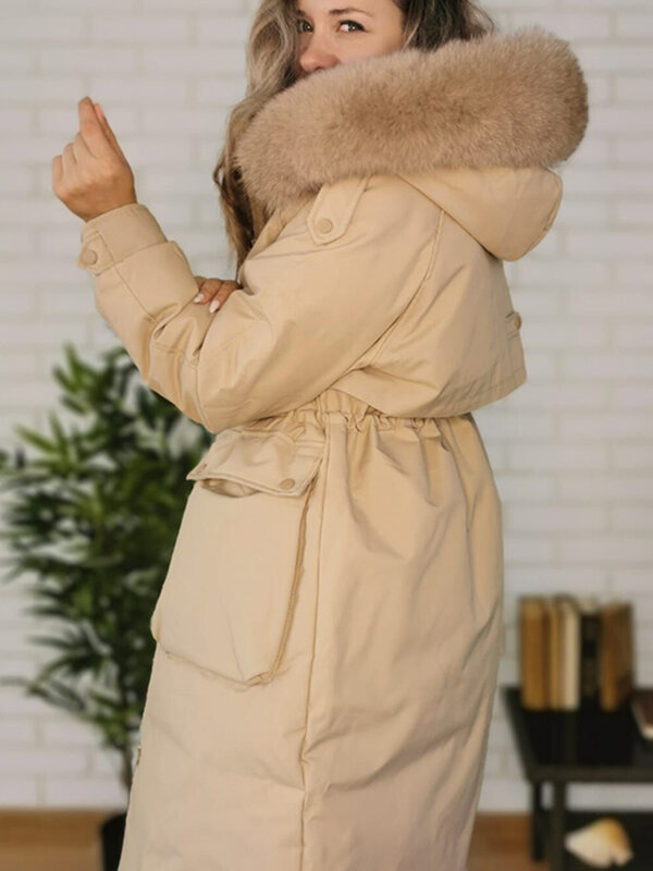 Fitaylor inverno mulheres jaqueta longa grande gola de pele natural com capuz parkas 90% pato branco para baixo casaco espessura neve quente outwear