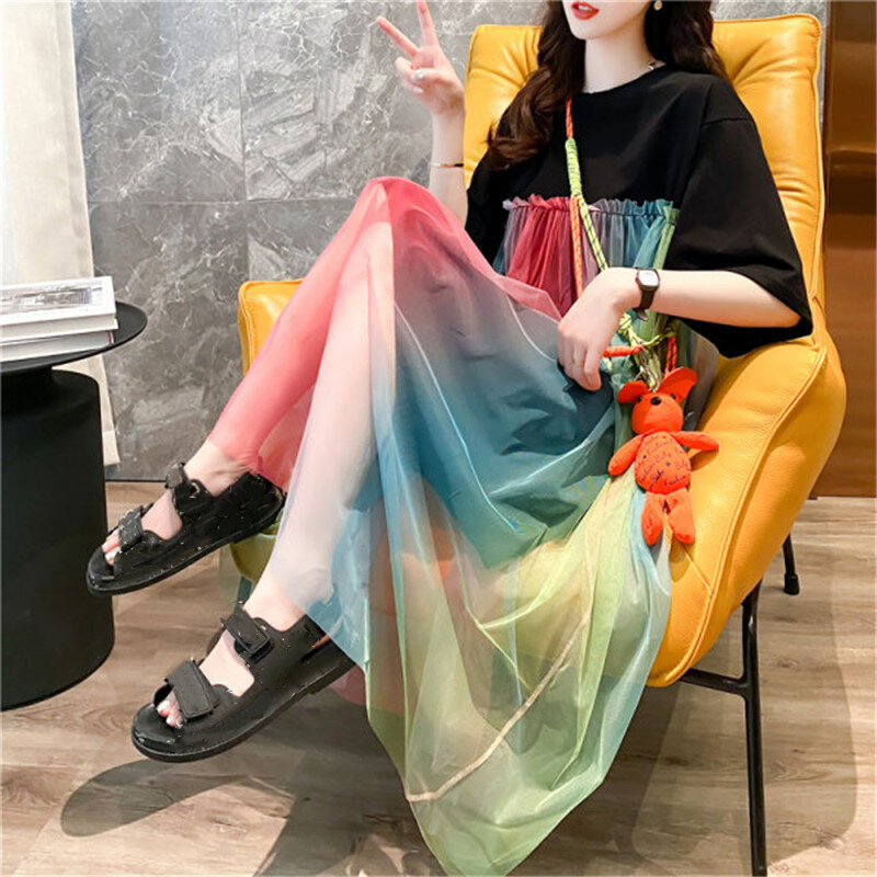2024 Summer Daily Dress Women Casual Rainbow Mesh Stitching Short-sleeved Long Dresses Street Fashion Clothes Holiday Wear