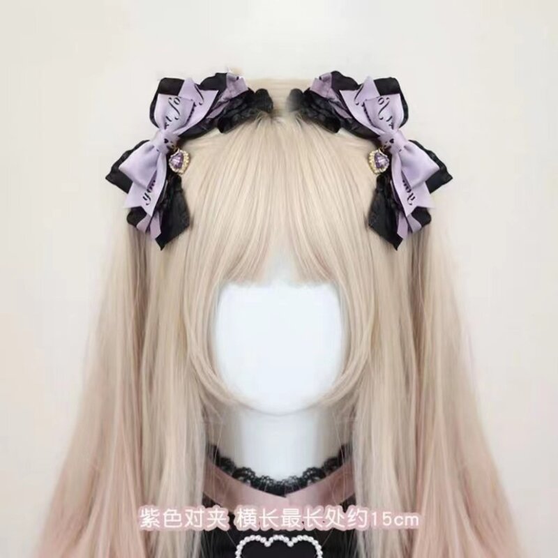 Lolita Preto Rosa Bow Hair Clip, Japonês Doce Legal Handmade Headwear, Acessórios Anime