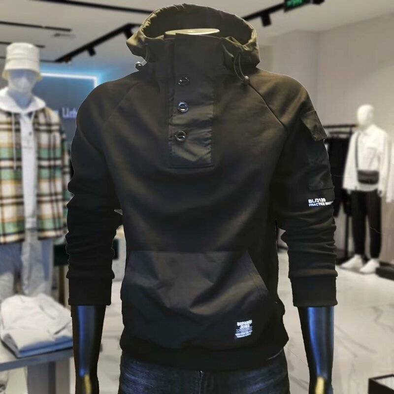 Botão dos homens com capuz agasalho, algodão carga capuz, patchwork preto hoodies, bolso streetwear, Y2K Techwear, moda outono, novo