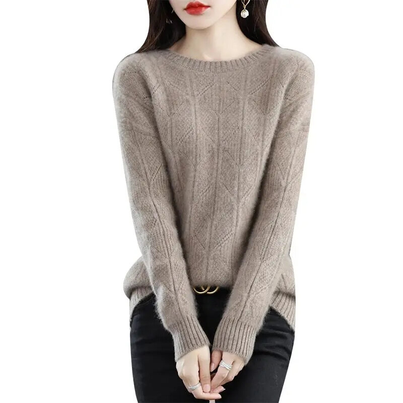 2023 nowe swetry damskie wiosna jesień z okrągłym dekoltem dzianinowe swetry luźna bluzka zwężana kaszmirowy modny Top miękki sweter