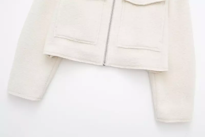 Vrouwen 2024 Nieuwe Mode Flip Decoratie Cropped Wollen Jasje Jas Vintage Lange Mouw Rits Dames Bovenkleding Chic Overshirt
