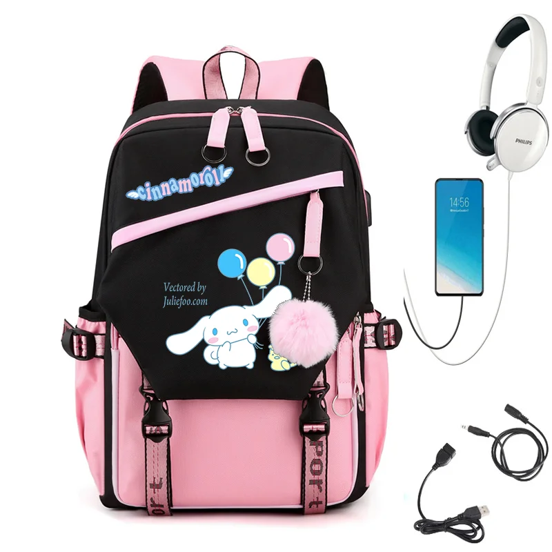Sanrio Cinnamoroll Mochila para meninos e meninas, mochilas escolares casuais para crianças adolescentes, mochila de carregamento USB para homens e mulheres