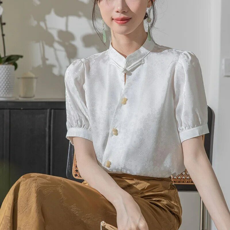 Chinese Style Short Sleeve Casual Shirt Women New 2024 Summer Vintage Mandarin Collar Basics Ladies Elegant Tops Shirts W1760