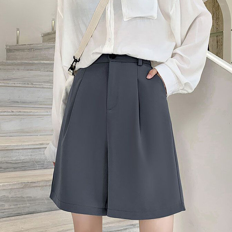 Women Korean Suit Shorts Summer New Solid Button Pockets Female Shorts Fashion All Match High Waist Loose Ladies Wide Leg Pant