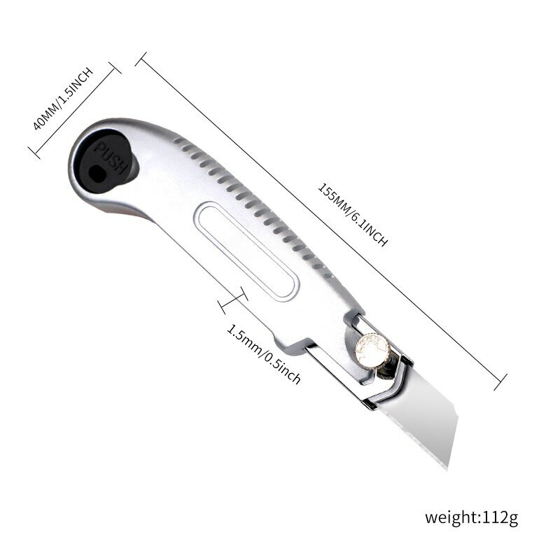 Канцелярский нож из нержавеющий стали, длина ручки 155 мм, длина лезвия 110 мм, цвет серебристый