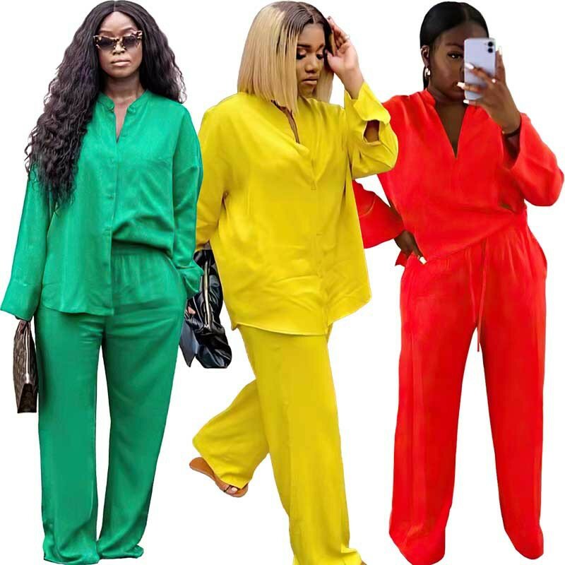 L-3XL แอฟริกันเสื้อผ้าผู้หญิงฤดูใบไม้ผลิฤดูใบไม้ร่วงแอฟริกันแขนยาวโพลีเอสเตอร์สีเขียวสีเหลืองสีแดง2ชิ้นชุด Top และกางเกง