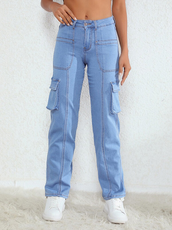 Benuynffy Vintage hoch taillierte Jeans Damen American Streetwear Straight-Leg-Hose Multi-Pocket Casual Loose Cargo hose 2024