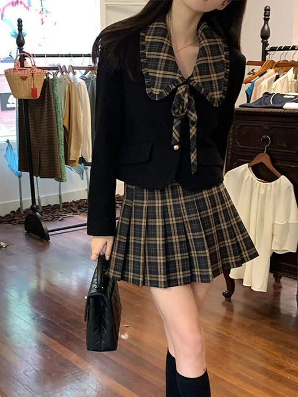 Minigonna scozzese HOUZHOU donna gonna a pieghe stile Preppy Kawaii moda coreana High Street School Uniform maglie a manica lunga