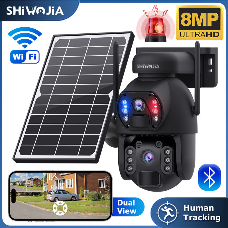 SHIWOJIA 4K 8MP 4G LTE Solar Powered Panel Camera  Night Vision Dual-Lens Outdoor WiFi Solar Battery Cameras PIR Human Detection