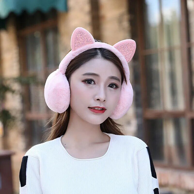 Lovely Women Girl Fur Winter Ear Warmer Cute Earmuffs Cat Ear Muffs Glitter Sequin Earflaps Soft Plush Headphones Warm Headband