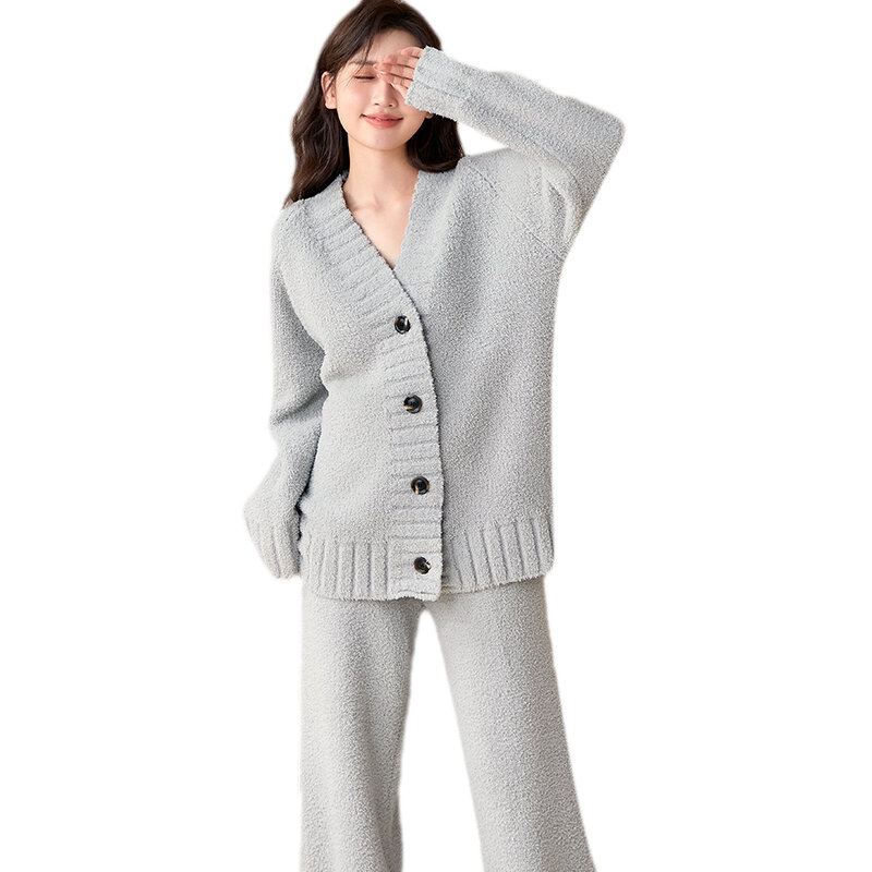 High Quality Winter Women V-neck Cardigan Pajama Set Warm Flannel Sleepwear Long Sleeve Solid Nightwear