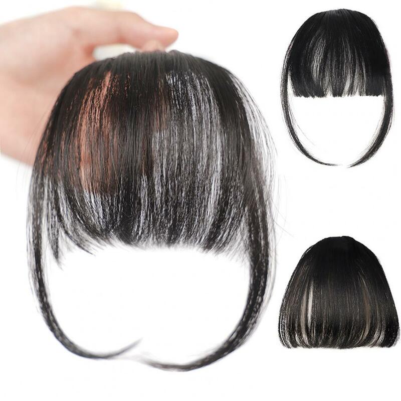 Wig rambut klip sayap poni, ekstensi rambut lembut alami Lurus Anti selip dapat digunakan kembali warna coklat gelap bertepi poni