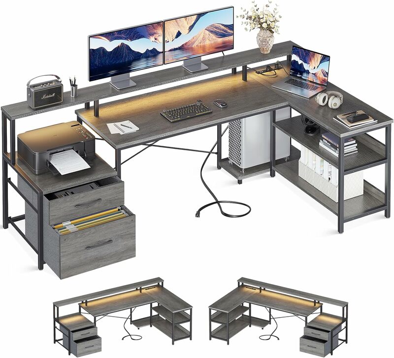 ODK L자형 책상, 파일 서랍, 75 인치 가역 L자형 컴퓨터 책상, 전원 콘센트 및 LED 스트립, 사무실 책상