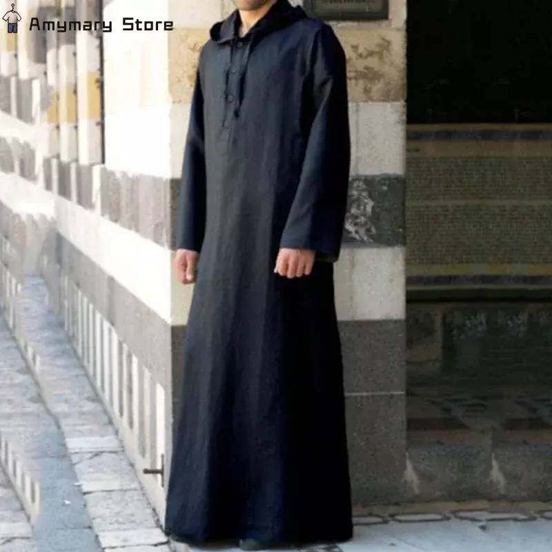 Homens com capuz manga comprida Thobe, roupa muçulmana, roupa islâmica, top sólido de kaftan, roupa étnica do hábito islâmico, árabe saudita