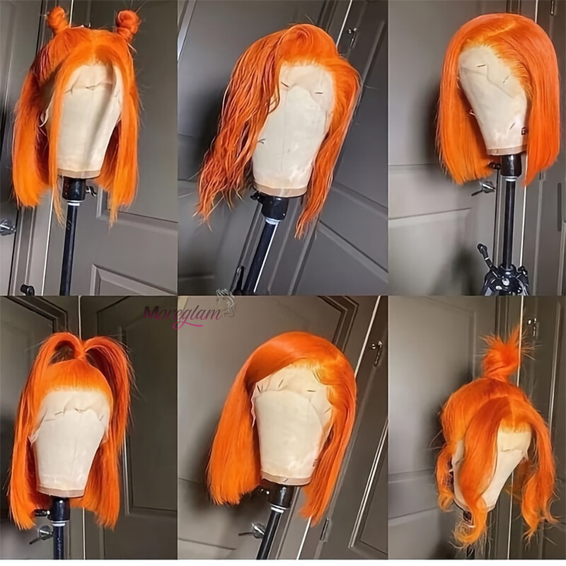 Peruca curta de gengibre laranja Bob para mulheres, perucas de cabelo humano colorido, osso reto, peruca frontal de renda, Remy brasileiro, pré arrancado, 13x4