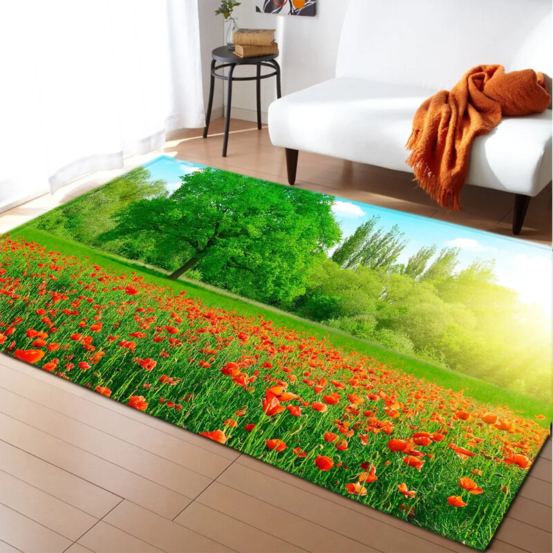 3D Print Botanical Flower Carpet Natural Scenery Floor Mat Sunlight Landscape Home Entrance Doormat Living Room Rug Bathroom Mat