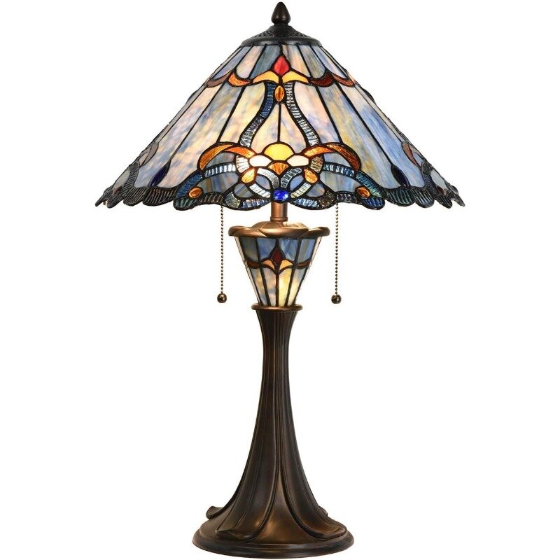 Bieye L10684 Baroque  Style Stained Glass Table Lamp, 16" wide blue shade dual lamp, 24.5" tall