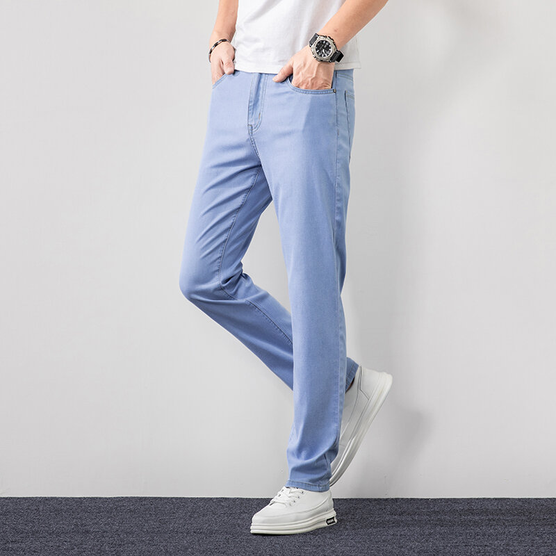 Shan bao verão nova marca masculina caber reta fina respirável jeans clássico bordado roupas casuais leve estiramento jeans