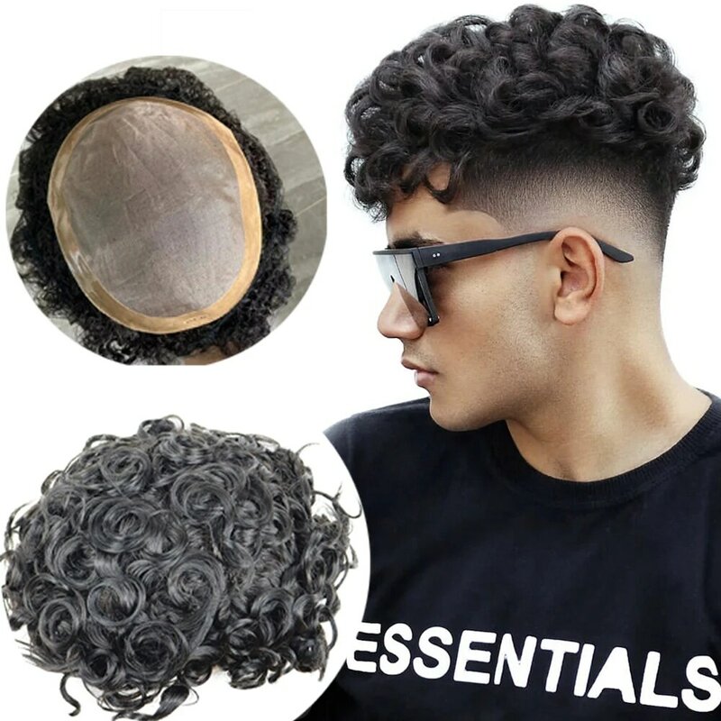 20mm Curly Men Human Hair Toupee Durable Fine Mono PU Base Man Hair Prothesis System Hairpieces Natural Hair Line
