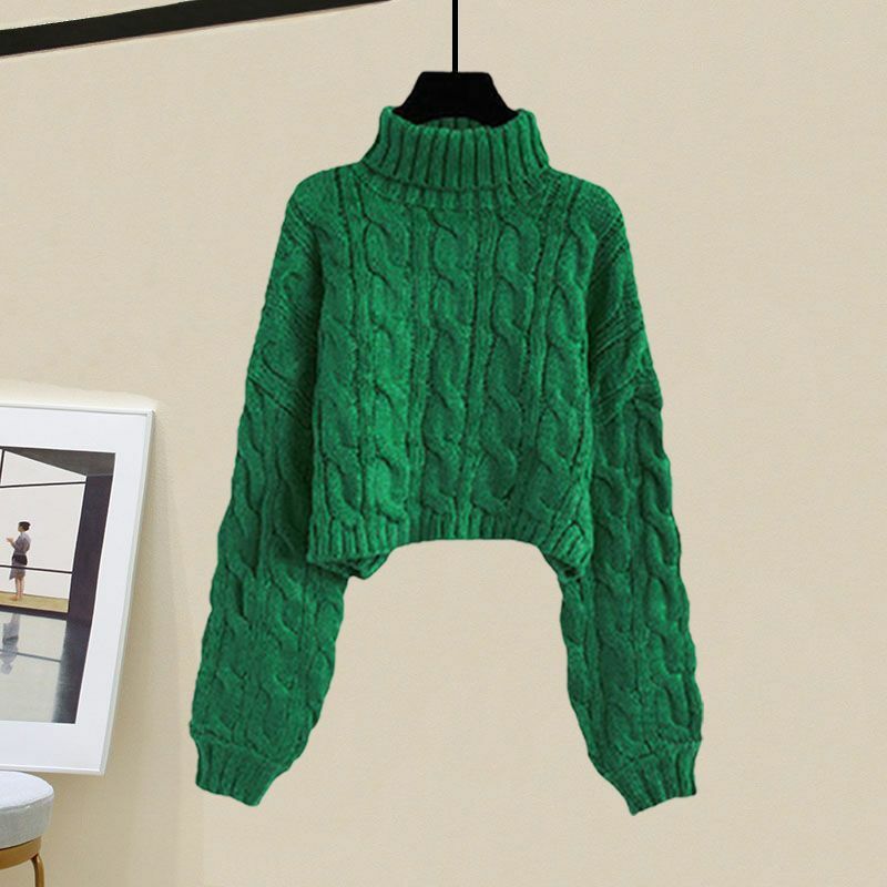 Suéter de lã curto elástico feminino, casaco torcido, tops grossos de malha, gola alta solta, manter aquecido, outono, inverno, 2021