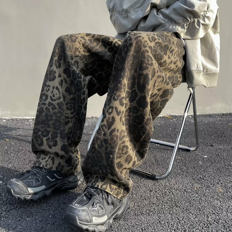 Calças retas estilo Y2K com estampa de leopardo, calças soltas, streetwear, revisão coreana, muitas roupas populares para primavera