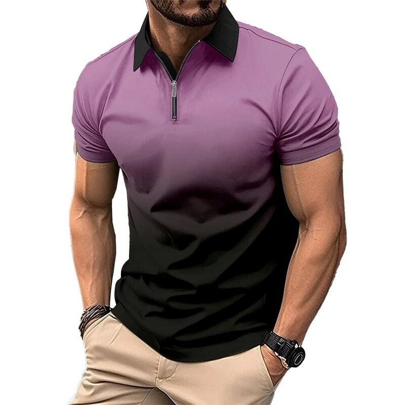Maglietta durevole Tee Zip-up Casual risvolto camicia allentata in poliestere da uomo manica corta leggermente elasticizzata per le vacanze universale