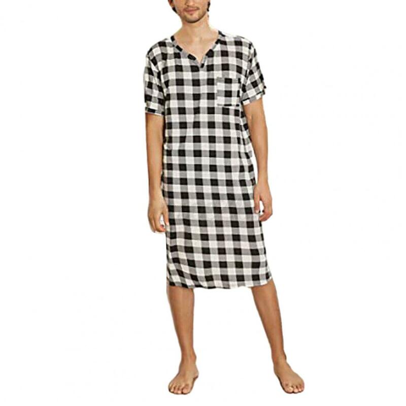 Color Blocking Pajamas Plaid Print Men's Summer Pajamas with Short Sleeves Chest Pocket V Neck Casual Sleep Robe for Comfort