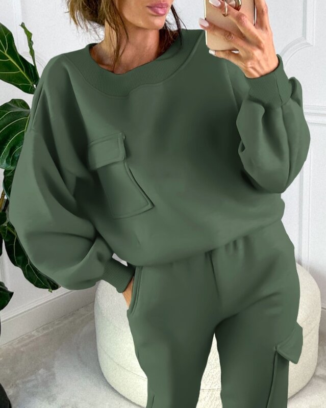 Women Outfit Two Piece Set 2023 Winter New Casual Simple Versatile Pocket Design Sweatshirt & Round Neck Cuffed Sweatants Set