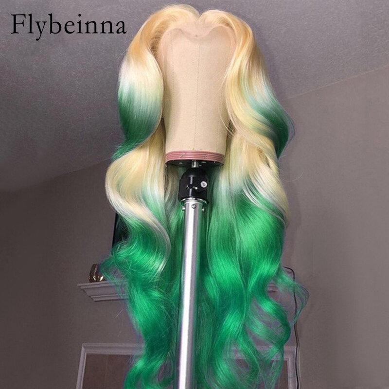 Peruca de cabelo humano transparente do laço para mulheres, dois tons, peruca sem cola, onda do corpo, loiro, verde, vermelho, cor ombre, 13x6, $613