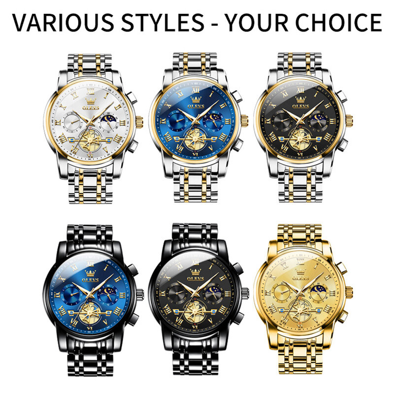 OLEVS-Relógio de pulseira de aço inoxidável impermeável masculino, fase da lua, cronógrafo luminoso, quartzo, marca de luxo, original