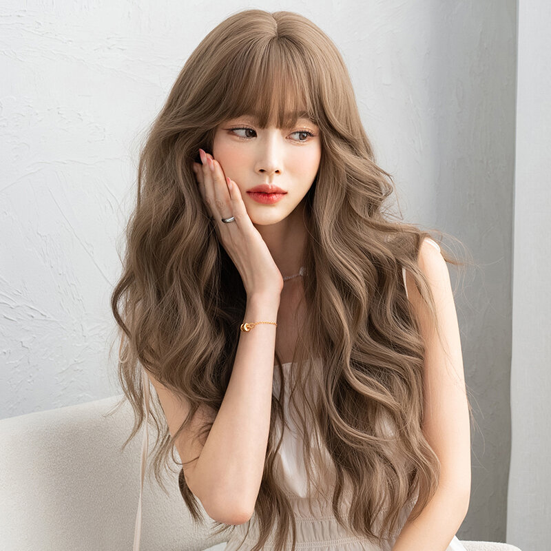7JHH WIGS Long Loose Body Wave Honey Blonde Wigs with Neat Bangs High Density Synthetic Layered Hair Wig for Women Daily Use