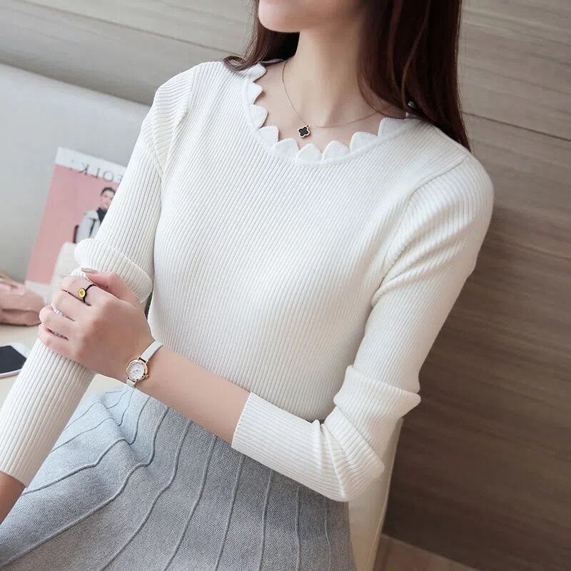 여성용 레이스 라운드 넥 스웨터, 흰색 바닥, 긴팔, 슬림핏 니트 셔츠, 용수철 가을, 2023
