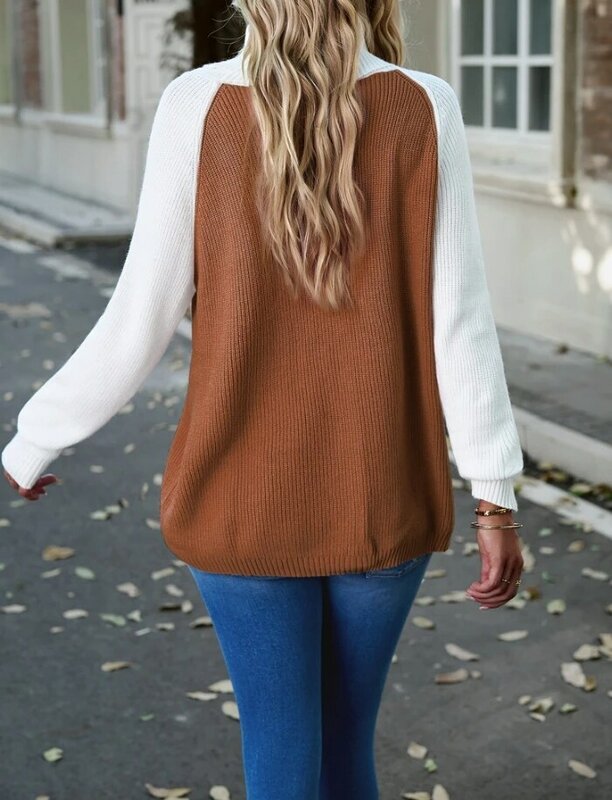 Mode Frühling Herbst T-Shirt Kontrast farbige hoch geschlossene einfarbige Strick oberteil lässig neue Pullover Pullover lange Ärmel tragen