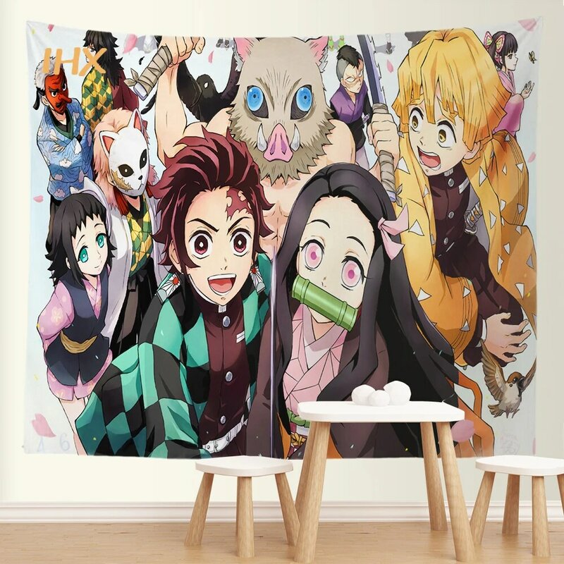 Tapiz de Anime japonés para colgar en la pared, decoración de habitación Hippie, Demon Slayer, tapiz de tela de Anime, Fondo de dormitorio, decoración del hogar