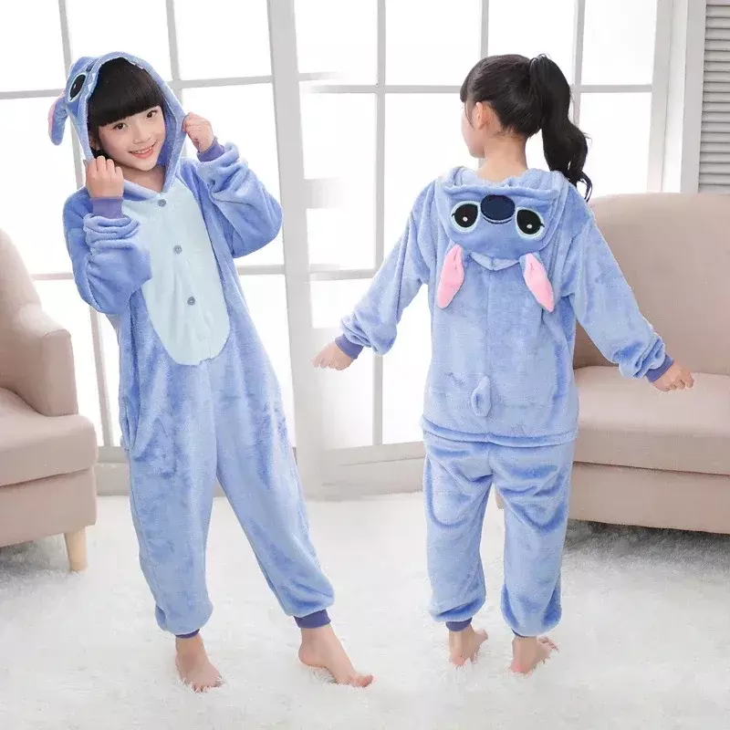 Disney Lilo & Stitch einteilige Pyjamas Kinder Cartoon Plüsch Kigurumi Onesies Winter warme Kleidung für Jungen Mädchen Weihnachts geschenk